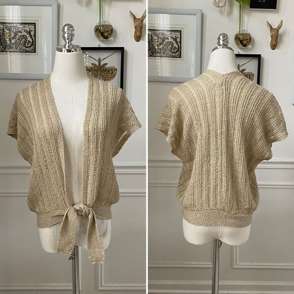 Vintage Glentex Tan Gold Shrug Sweater Tie Front Cardigan Open Weave OSFM S M - Picture 1 of 8